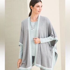 Chico's Tipped Ruana Wrap Cashmere Blend Grey and Green Size S/M
